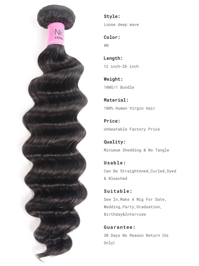 The UNice Hair 4pcs Loose Deep Wave Virgin Human Hair Weft image highlights Style, Loose deep wave, Nic, cenu, virgin hair extensions and deep wave texture.
