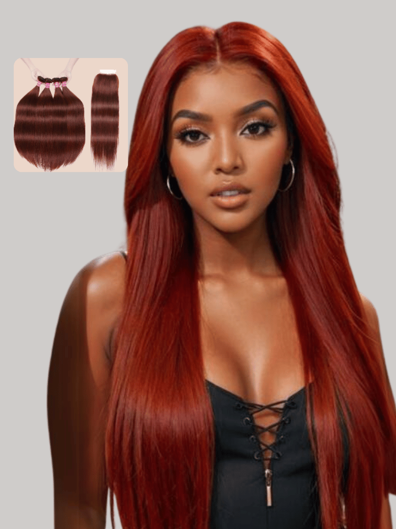 A model displays the UNice Dark Auburn Straight Remy Human Hair 4 Bundles With Closure Deal, showing a model with long red hair and a black top and straight texture.
