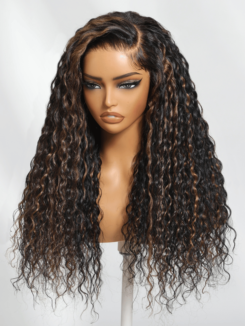 The UNice 7x5 Bye Bye Knots Lace Water Wave Black Wig With Golden Brown Highlights visual image position 8 shows a wig with long curly hair | water wave texture, golden.