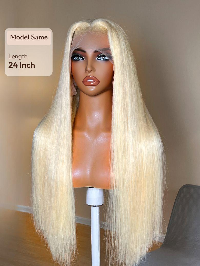 A model displays the UNice Full Lace 100% Handmade Blonde Body Wave & Straight Pre Plucked human hair wig, showing blonde blonde wig with bangs and body wave texture.