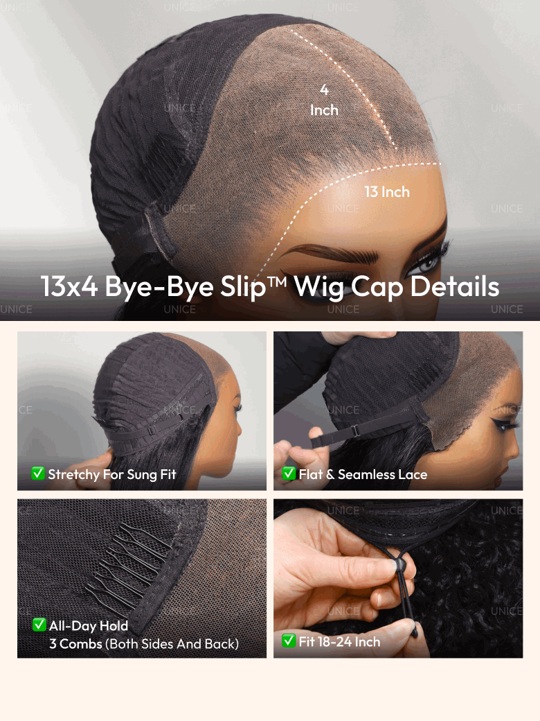 A model displays the UNice 13x4 Bye Bye Slip Glueless Lace Black Straight Bleached Knots Drawstring Wig, showing a woman ' s head with a hairline and a hairline.
