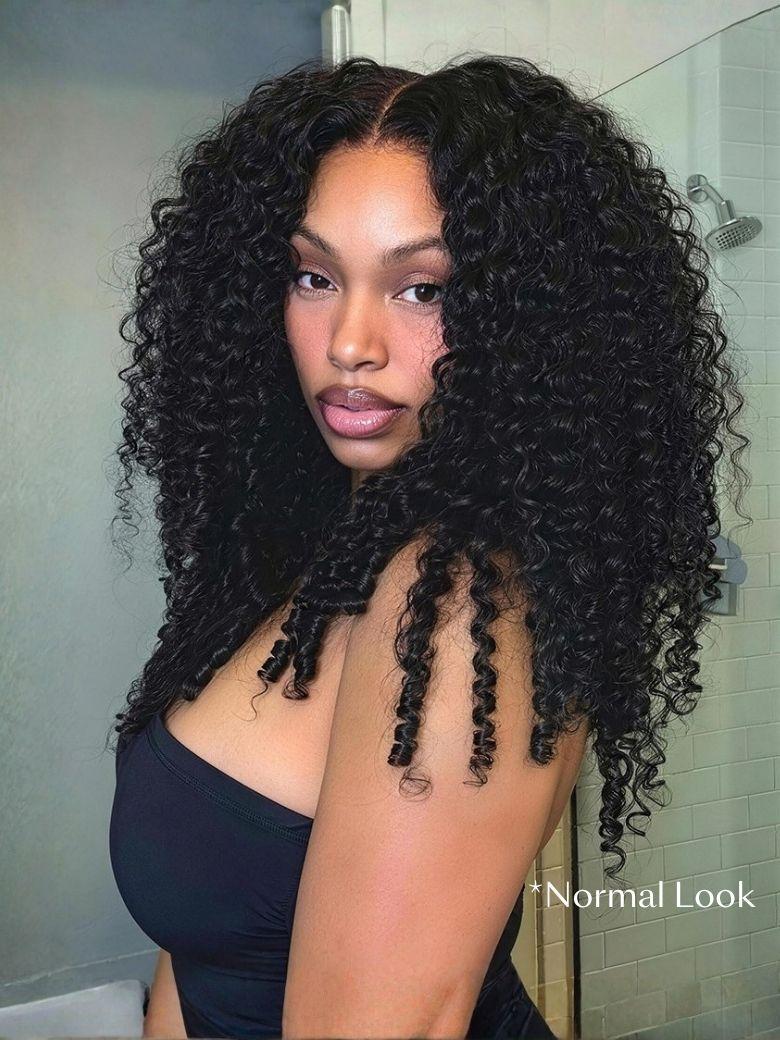 @ChrissyCousin wears a long, voluminous black Burmese curly wig with a realistic pre-plucked hairline and a natural scalp-like center part.