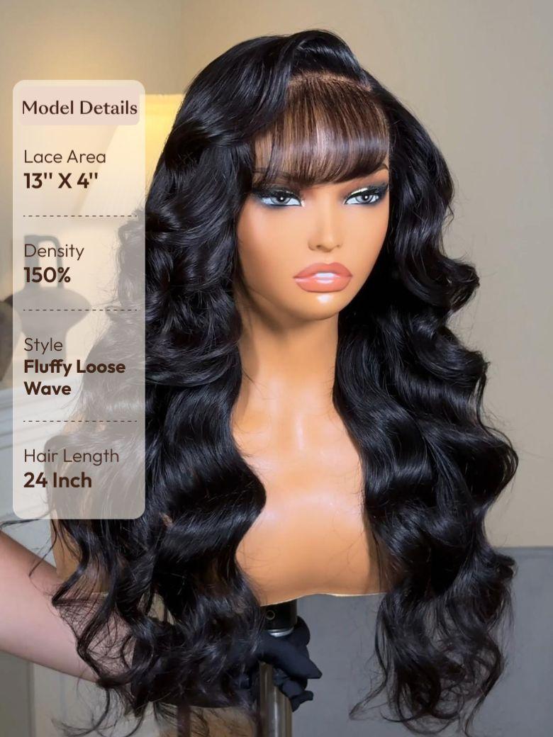 The UNice 13x4 Pre-Everything Side-Part Fluffy Loose Wave Drawstring Wig With Wispy Air image highlights Model Details, LaceArea, 13"X4", Density, a wig with long hair.