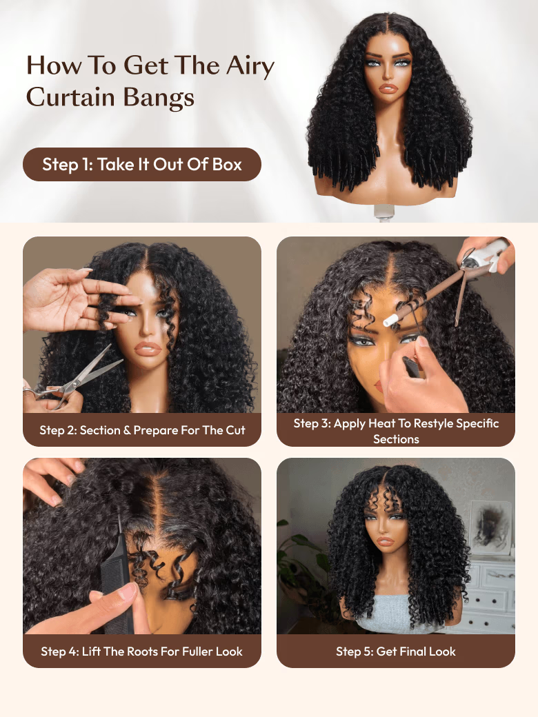 A model displays the UNice Mixed Texture Lace Natural Black Jerry Curly Wig with Defined Finger Coil Ends, showing how to cut curly hair and jerry curl texture, curly.