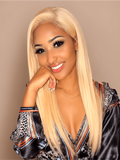 A model displays the UNice 4PCS 613 Blonde Hair Weave Bundles Straight Virgin Human Hair, showing a model with long blonde hair and a black shirt and straight texture.