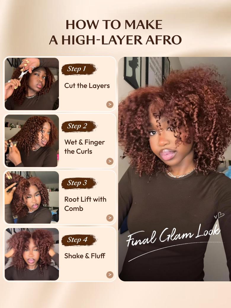 A model displays the UNice 7x5 Bye Bye Slip Wig Glueless Lace Sunset Afro Kinky Curly & Jerry Curly for, showing how to style your hair with the right hair type.