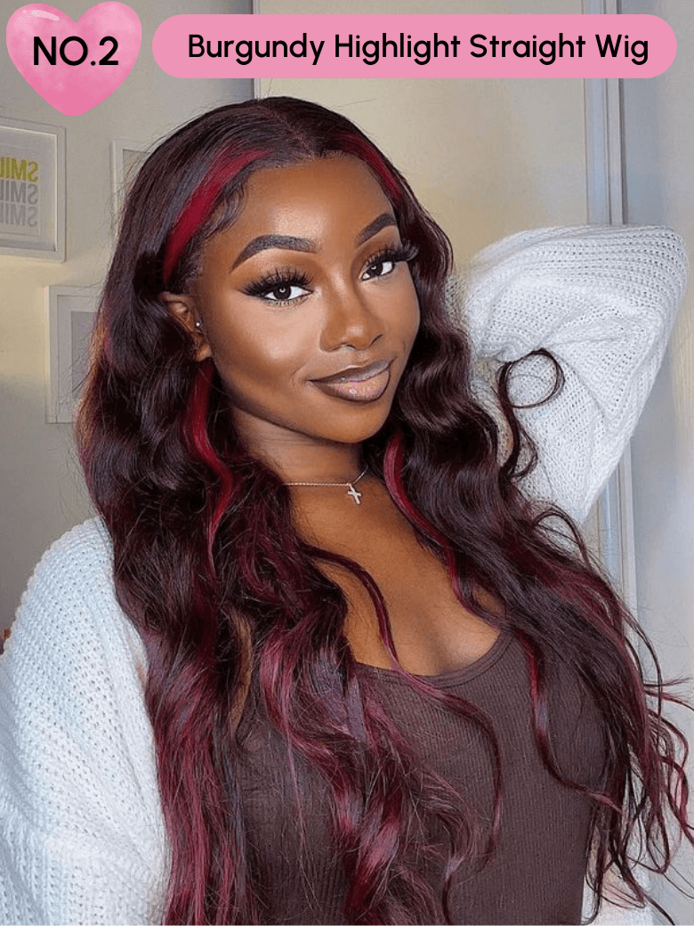 The UNice 24 Inch 200% Density 13x4 Pre-cut Lace Wig Last Chance Sale wig-1 Wig 1Stock image highlights NO.2, Burgundy Highlight Straight Wig, burgundy burgundy hair.