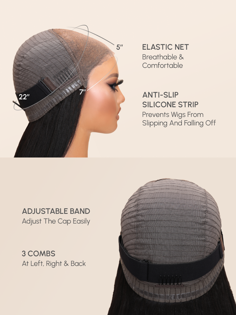 The UNice 7x5 Bye Bye Knots Body Wave Wig Pre Cut Lace Pre Plucked Hairline Put On and image highlights ELASTICNET, Breathable&, Comfortable, ANTI-SLIP, a diagram.