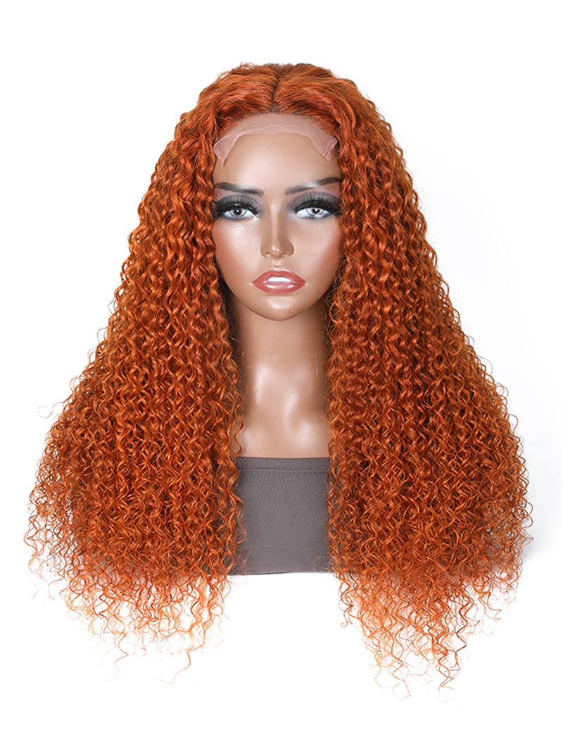 The UNice Hot Ginger Color Glueless Lace Jerry Curly Human Hair Lace Part Wig 150% Density product image shows a wig with long curly hair and orange hair and jerry curl.
