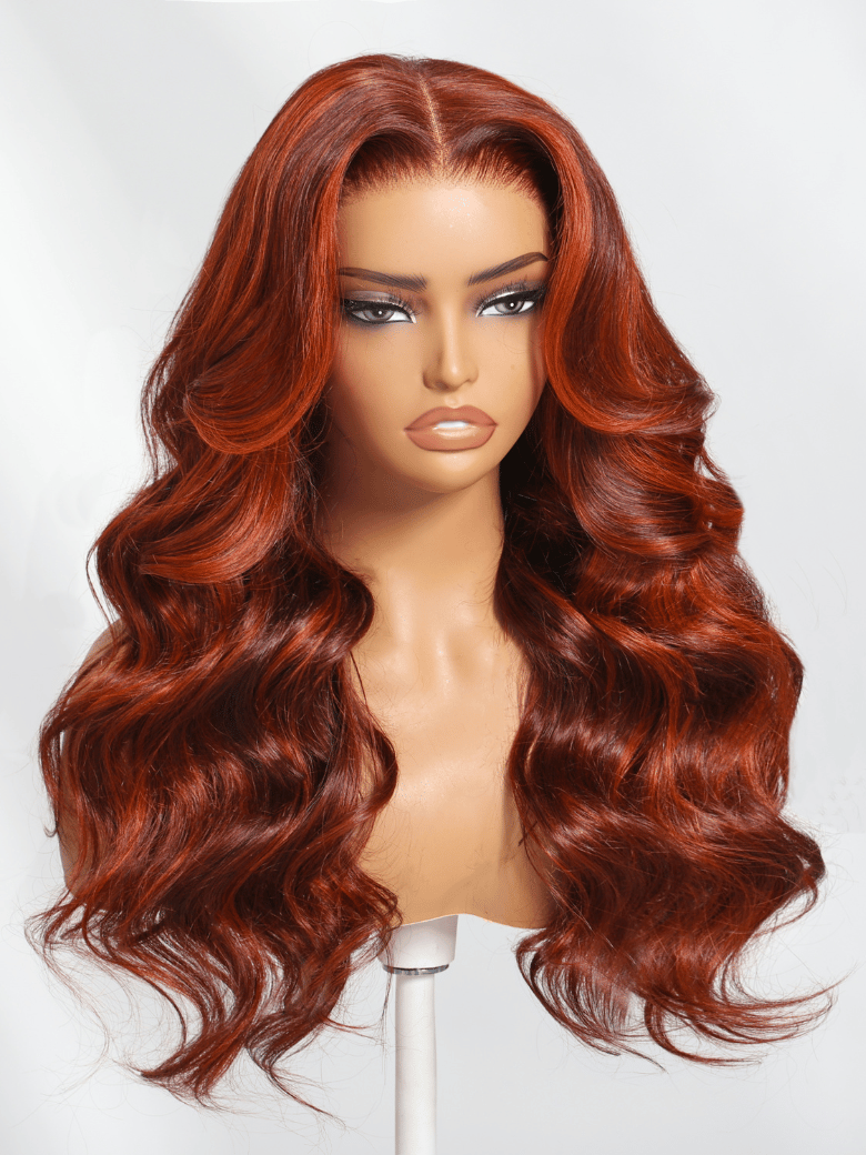 The UNice 7x5 Bye Bye Knots Red Orange Highlights Lace Wig with Face Framing Layers product image shows a wig with long red hair and loose wave texture, highlight, 7x5.
