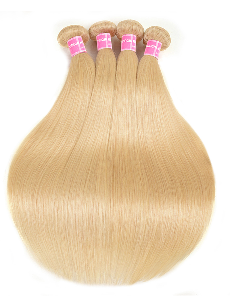 The UNice 4PCS 613 Blonde Hair Weave Bundles Straight Virgin Human Hair image highlights VIRGIN, VIRGIH, blonde blonde hair extensions and straight texture, 613 blonde.