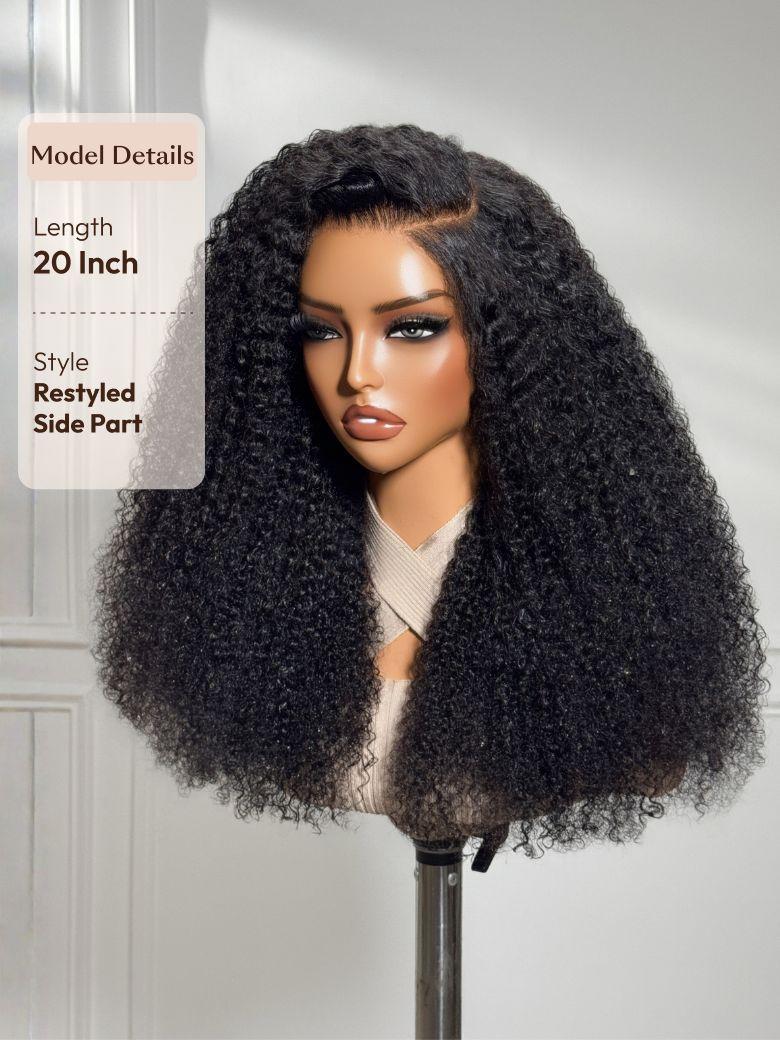 The UNice Invisi Drawstring 22" Bye Bye Knots 7x5 Lace Black Fluffy Kinky Coils Texture Wig image highlights Model Details, Length, 20 Inch, Style, a wig with long curly.