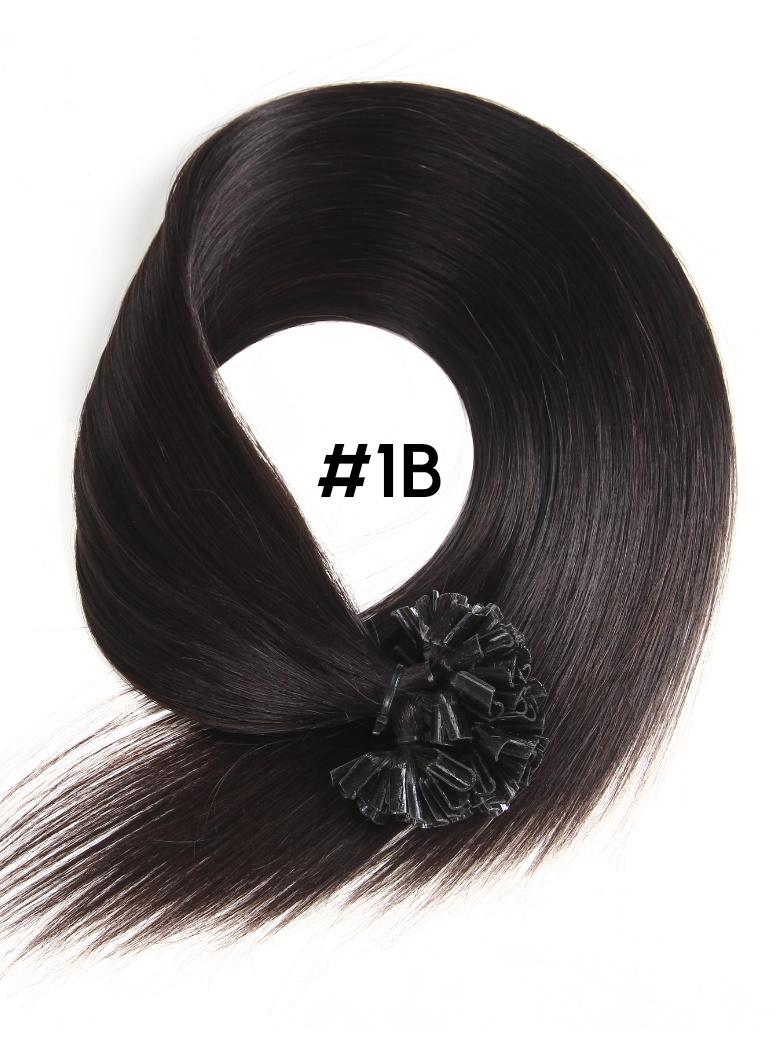 The UNice KERAHERO U-TIP STRAIGHT: 50G image highlights #1B, a black hair extension with a black flower on top and straight texture.