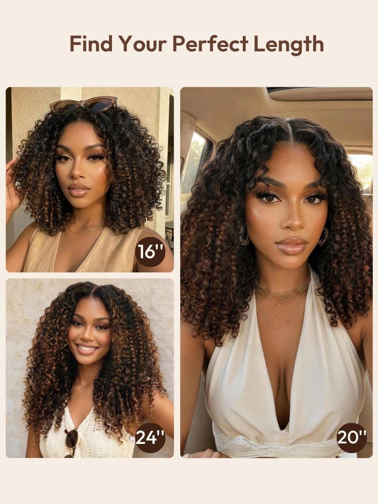 A model displays the UNice 7x5 Bye Bye Slip Glueless Lace Black to Chestnut Brown Ombre Burmese Curly wig, showing a model with curly hair and a white dress and Burmese.