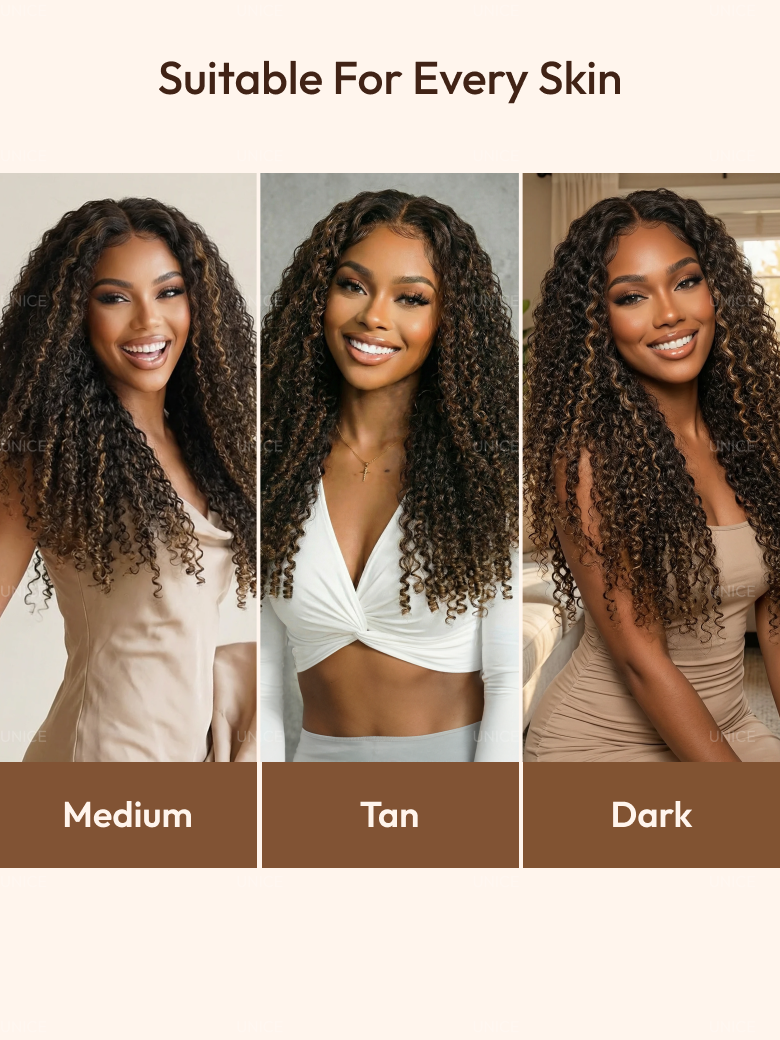 A model displays the UNice 7x5 Bye Bye Slip Glueless Lace Black to Chestnut Brown Ombre Burmese Curly wig, showing a model with curly hair and a white shirt and Burmese.