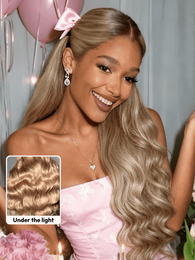A model displays the UNice Ash Blonde With Brown Roots No Slip 13x4 Pre-Everything Lace Frontal Body Wave, showing a model with long blonde hair and a pink dress.