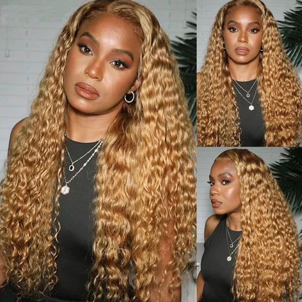 Deep Wave Honey Blonde Hair Wig Super Natural Hairline Glueless Lace Human Hair Wig Pre Cut Lace