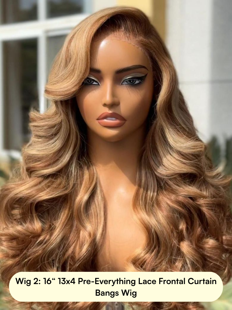 A model displays the UNice All wig $89: Bye Bye Knots Wig 13x4 Pre-Everything Lace Wig, showing wigs for long hair and 13x4, lace finish.