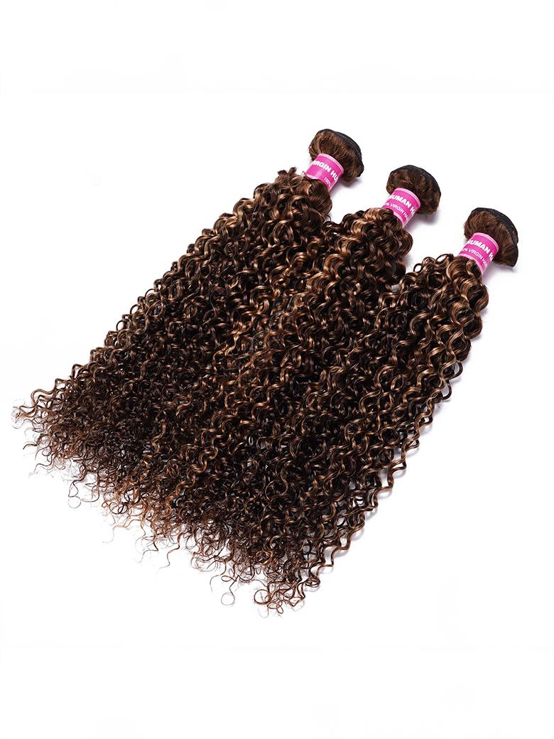 The UNice Trending Curly Hair TL412# Color 3 Pieces Human Hair Weave On Sale product image shows brazilian curly hair bundles and curly texture.