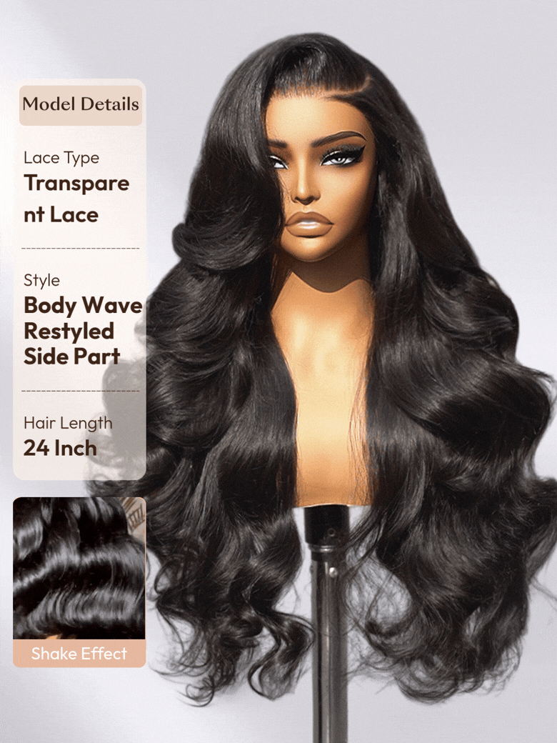 The UNice 13x4 HD Lace Bye Bye Slip Body Wave Wig - Human Hair Glueless Pull & Go Fit image highlights Model Details, LaceType, Transpare, nt Lace, a wig with long hair.