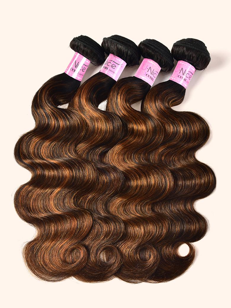 The UNice Classic Brown Highlight 4Pcs Human Hair Body Wave Bundles image highlights cey, a bundle of hair extensions with two bundles of hair and body wave texture.
