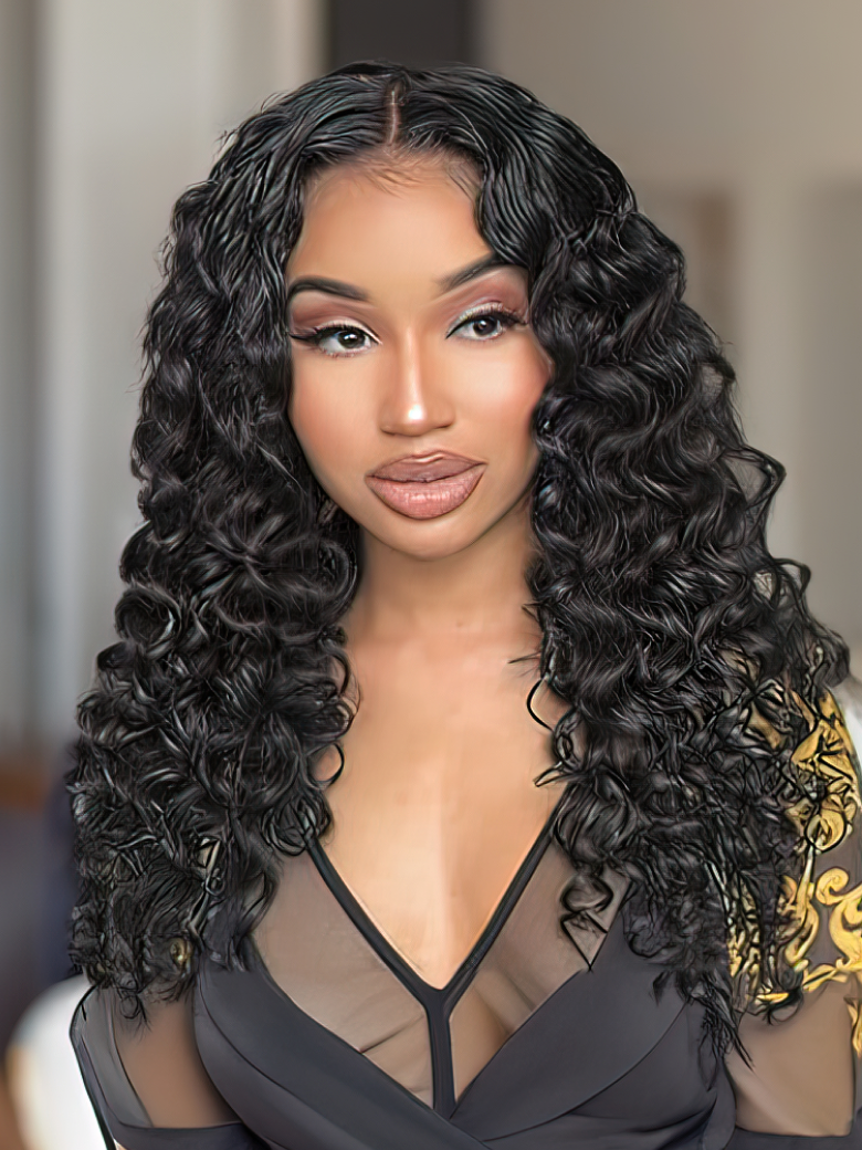 A model displays the UNice Hair 1 Bundle Virgin Human Hair Loose Deep Wave, showing a model with long black curly hair and deep wave texture, bundle fullness.
