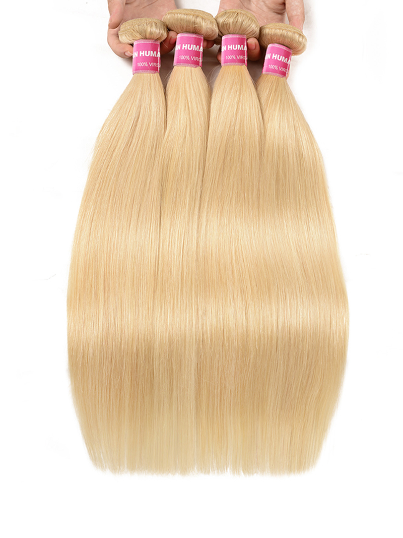 The UNice 4PCS 613 Blonde Hair Weave Bundles Straight Virgin Human Hair image highlights NHUMA, HUMA, 100%VRc, 100%v0ed, blonde blonde hair extensions and straight.