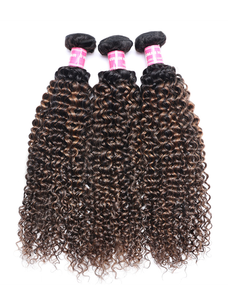 The Unice #FB30 Brown Balayage Jerry Curly 1 Piece Human Hair Bundle product image shows brazilian deep wave hair bundles and jerry curl texture, curly texture.