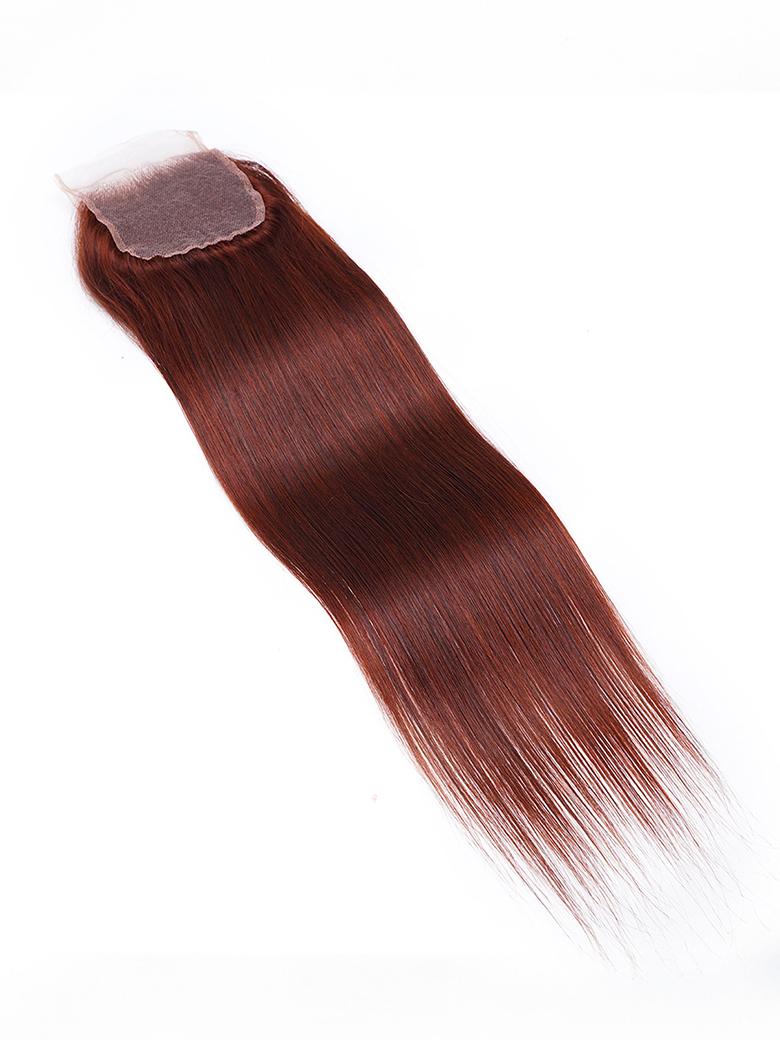 The UNice Dark Auburn Straight Remy Human Hair 3 Bundles With Closure Deal product image shows straight straight hair extensions and straight texture, bundle fullness.