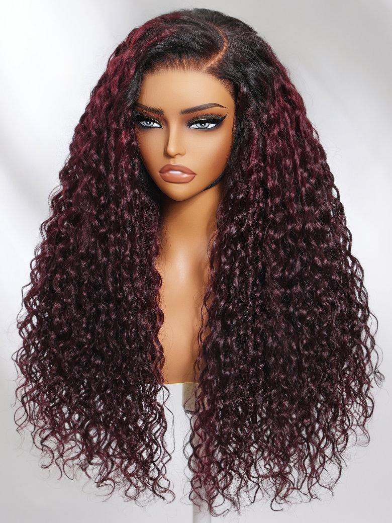 The UNice 13x4 Pre-Everything Wig Burgundy Plum With Dark Roots Water Wave Wig product image shows a wig with long curly hair and a burgundy color and water wave.