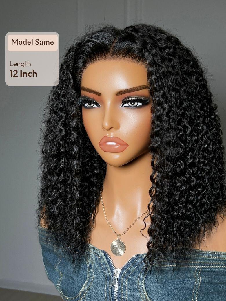A model displays the UNice 7x5 Bye Bye Slip Lace Frontal Black Soft Wet-Look Twist-Out Inspired Curls, showing a model wearing a wig with curly hair and 7x5, glueless.