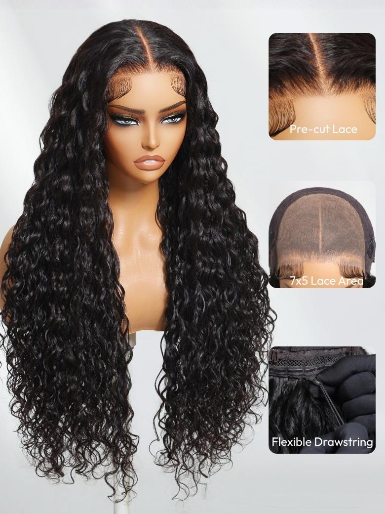 UNice 7×5 Lace 180% Density Glueless Water Wave Wig with Adjustable Drawstring for Full Bodied Natural Everyday Style Pre-Cut Lace