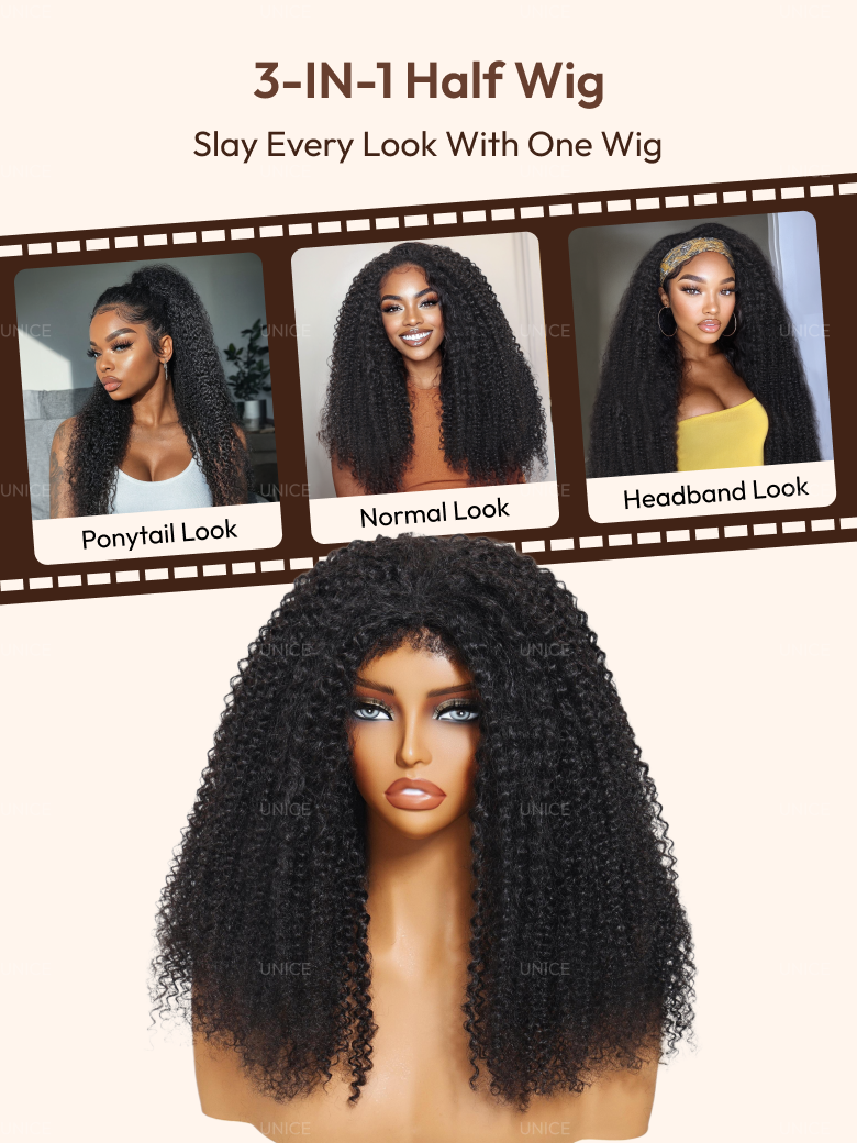 The UNice Invisi Blend UNice Coily Curly Glueless Flip Over Kinky Curly Wig for Beginner image highlights 3-IN-1 HalfWig, Slay Every LookWith OneWig, Headband Look.