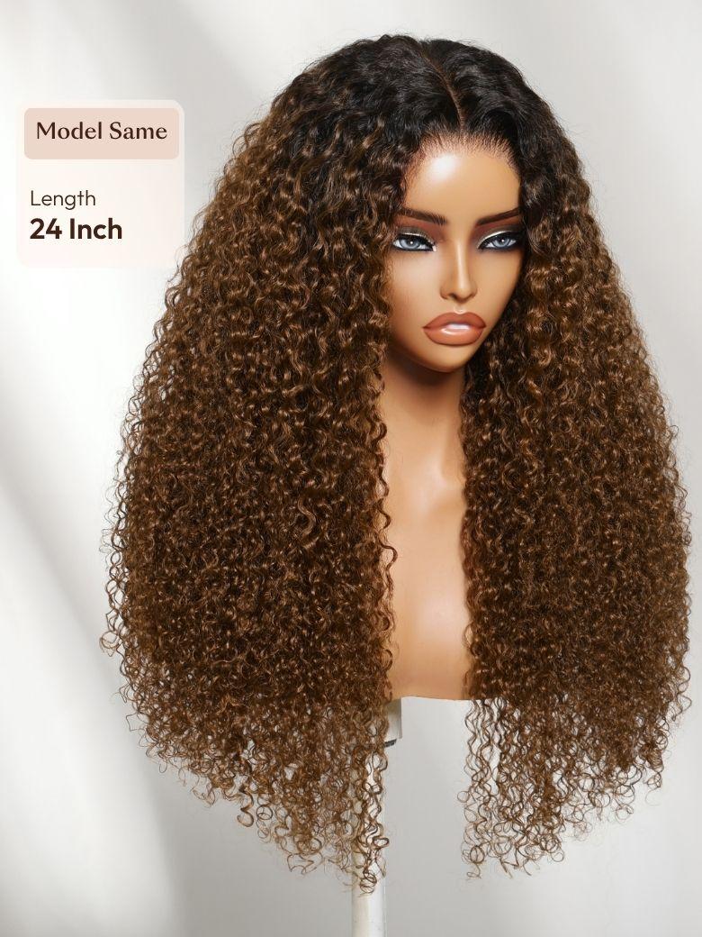 A model displays the UNice 7x5 Bye Bye Slip Lace Warm Caramel Brown with Dark Roots Natural Afro Curly wig, showing a wig with curly hair on a mann and curly texture.