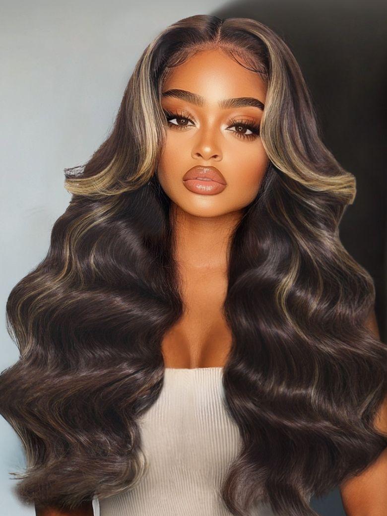 A model displays the UNice 18'' Chocolate Brown With Highlights Loose Wave Wig 7X5 Bye-bye knots With, showing a model with long brown hair and a blonde wig and loose.