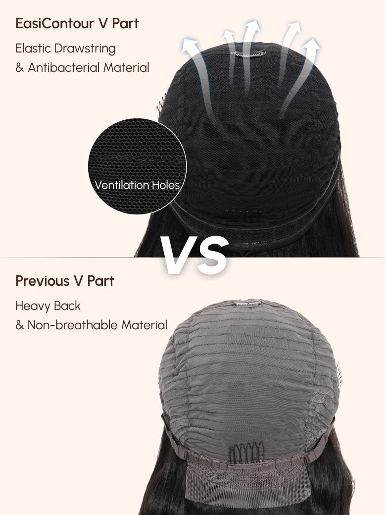 The UNice Glueless EasiContour V Part 150% Density Glueless Yaki Wig image highlights EasiContourVPart, ElasticDrawstring, &AntibacterialMaterial, Ventilation Holes.
