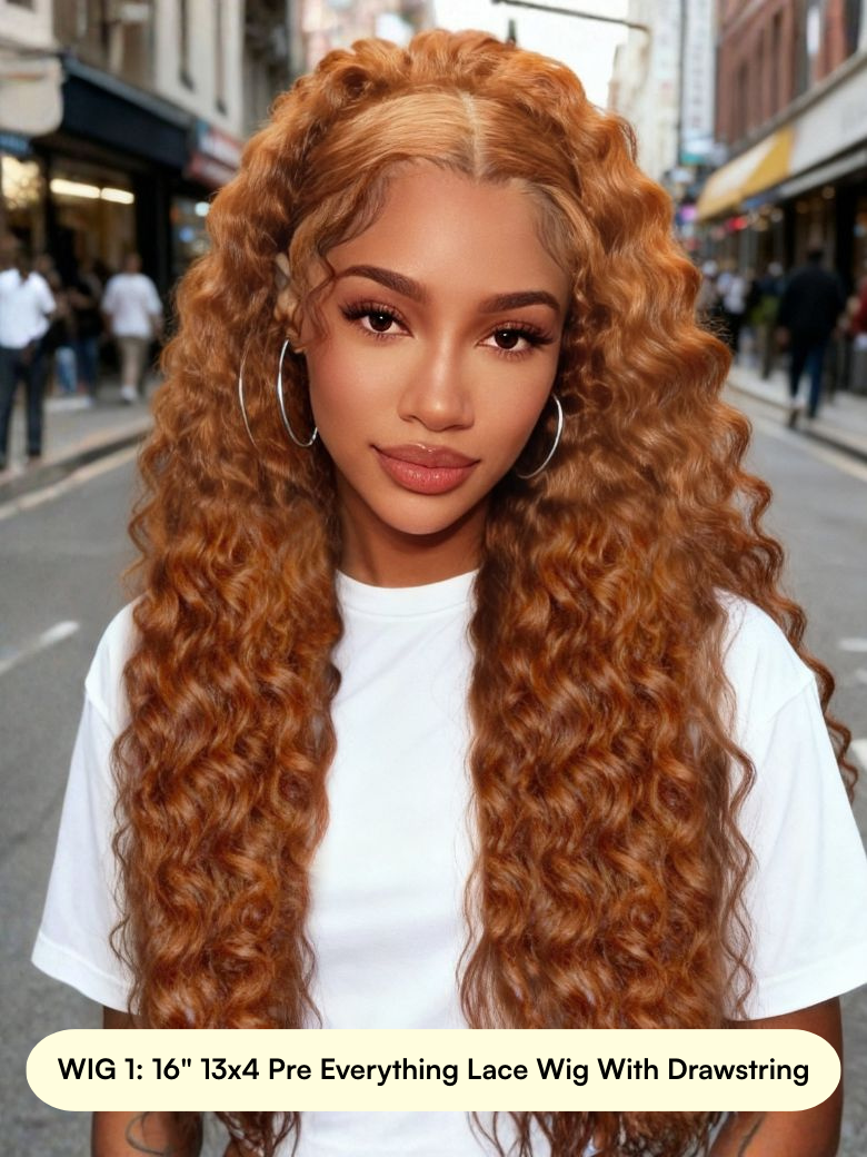A model displays the UNice All 13x4 Pre-Everything Lace Wig, showing a model with long curly hair and a white t - shirt and 13x4, lace finish.