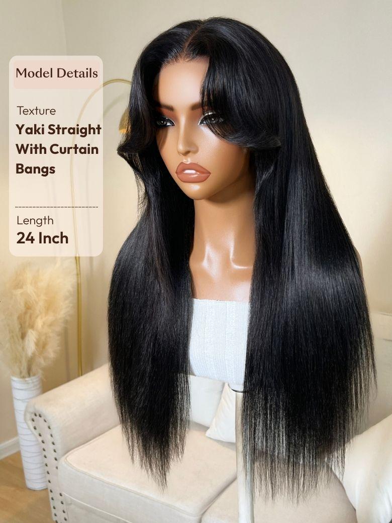 The UNice 7x5 Bye Bye Slip Glueless Lace Black Yaki Straight Blowout with Soft Body Wave image highlights Model Details, Texture, Yaki Straight, With Curtain, a wig.
