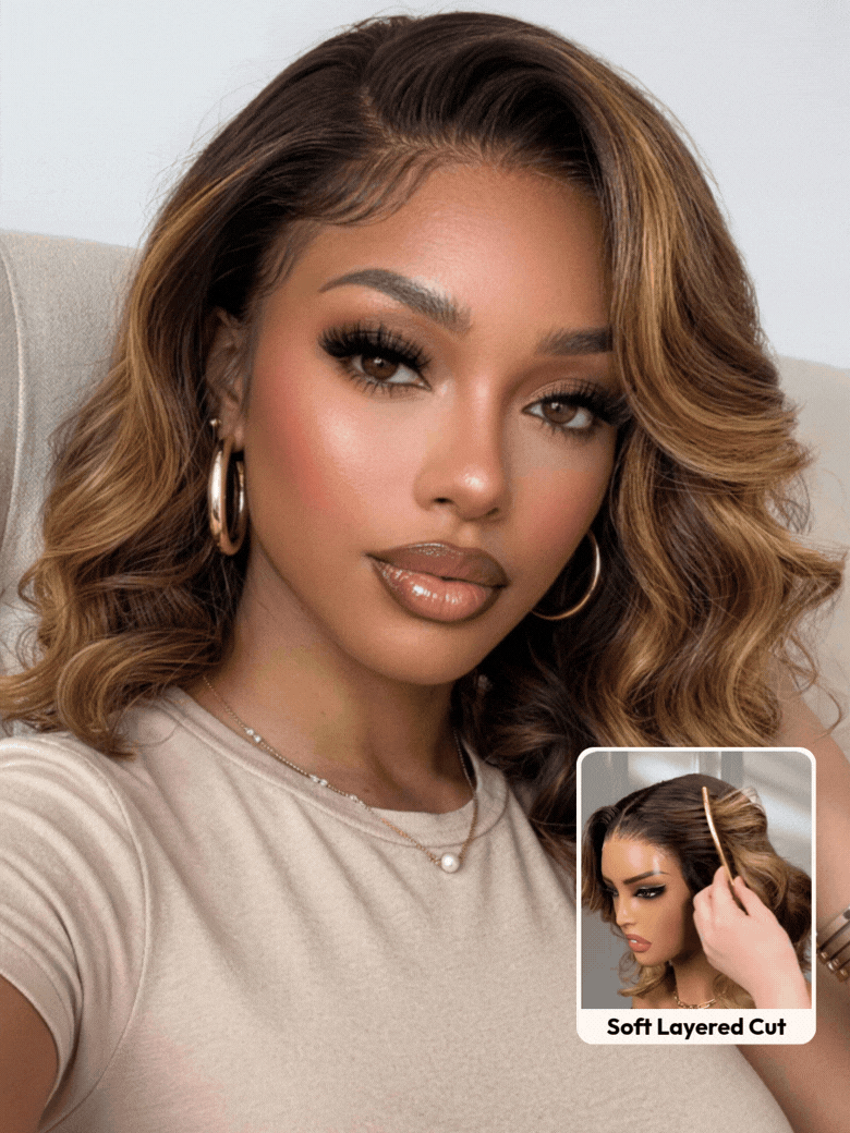 A model displays the UNice 7x5 & 13x4 Pre-Everything Lace Frontal Brown With Honey Blonde Face-Framing, showing a model with a brown hair and a white shirt and honey.