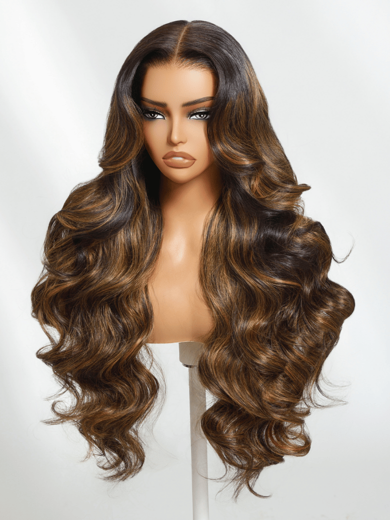 The UNice 7x5 Bye Bye Knots & 13x4 Pre-Everything Wig Glueless Lace Balayage Highlight image highlights C0, a wig with long brown hair and brown highlights and body wave.