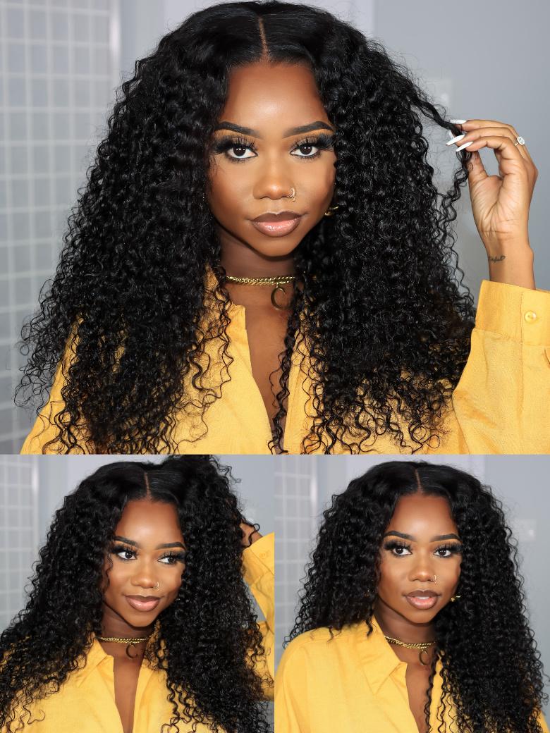 A model displays the UNice 200% Density Glueless V Part 0 Skill Needed Wig Beginner Friendly Natural, showing a model with long curly hair and a yellow shirt and jerry.