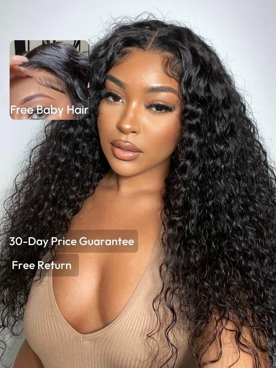 The UNice 7x5 Bye Bye Knots Wig Quick Glueless & HD Lace Wet & Wavy Water Wave Invisible visual image position 3 shows a model with long curly hair and a brown top |.