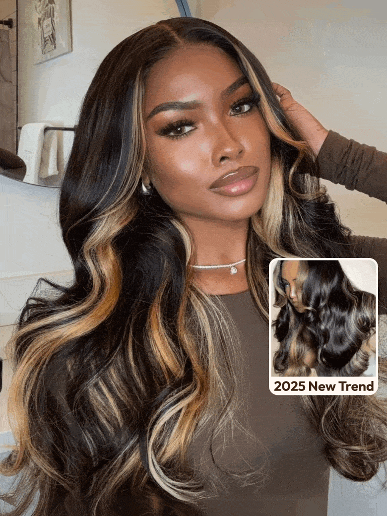 A model displays the UNice 7x5 Bye Bye Knots Wig Lace Loose Wave Butterscotch Highlights Brown 150% Density, showing a model with long hair and a brown shirt and loose.