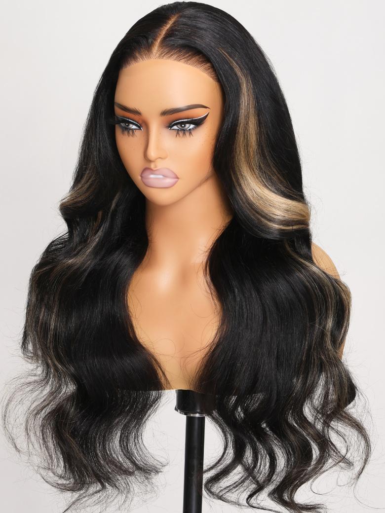 The UNice Bye Bye Knots Wig 7x5 Glueless Lace Black With Blonde Highlights 3D Body Wave product image shows a wig with long hair and a black wig and body wave texture.