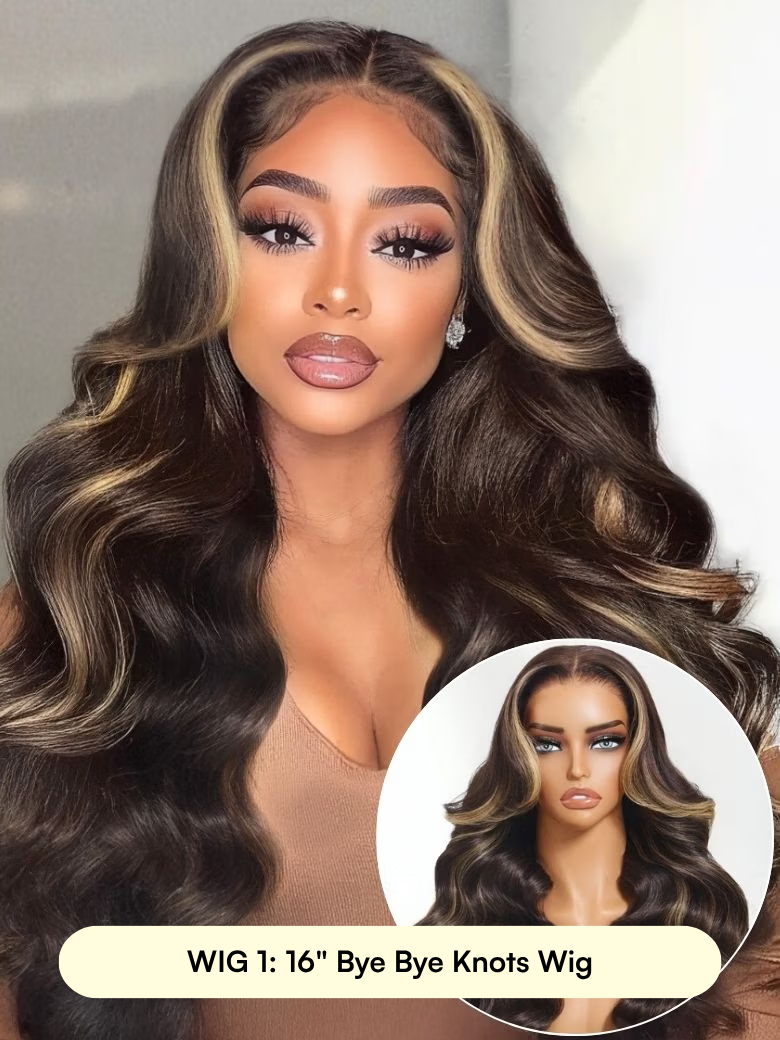 A model displays the UNice 16"-18" : Glueless 7x5 Bye Bye Knots Wig, showing a model with long brown hair and a brown wig and 7x5, glueless wear.