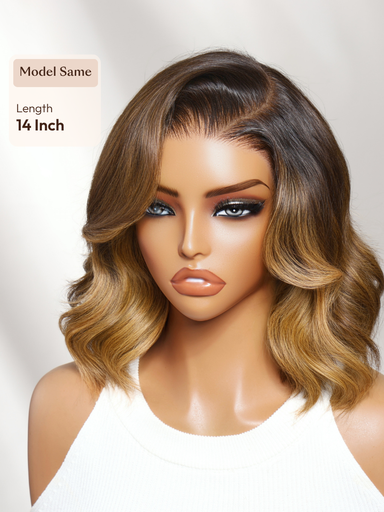 The UNice Only 21 New User Need 13x4 Pre-Everything Lace Frontal Brown With Honey Blonde visual image position 9 shows a model with long wavy hair and a white top |.