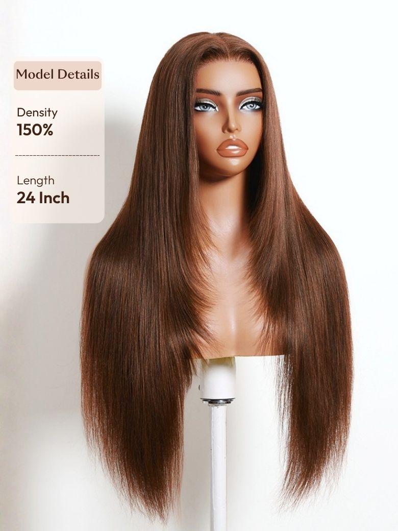 A model displays the UNice 13x4 Bye Bye Slip Lace Frontal Soft Ombre Caramel Brown Balayage Body Wave Wig, showing a wig with long wavy hair and a brown wig and body.