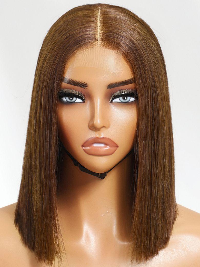A model displays the UNice 2x6 Lace Closure Medium Brown Glueless Blunt Cut Bob Wig, showing a model with long brown hair and a black choke and 2x6, glueless wear, lace.