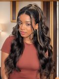 A model displays the UNice 22-24" Bye Bye Knots wig 7x5 / 6X4.5/ 13X4 Pre-Cut Lace Honey Brown, showing a model with long hair and a red top and jerry curl texture.