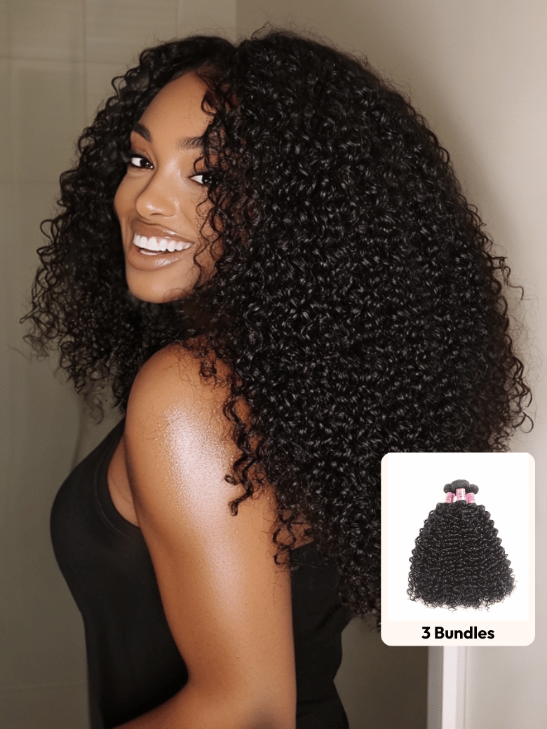 A model displays the UNice Hair 3 Bundles Peruvian Jerry Curly Human Hair Weave, showing a model with curly hair and a black shirt and jerry curl texture, curly texture.